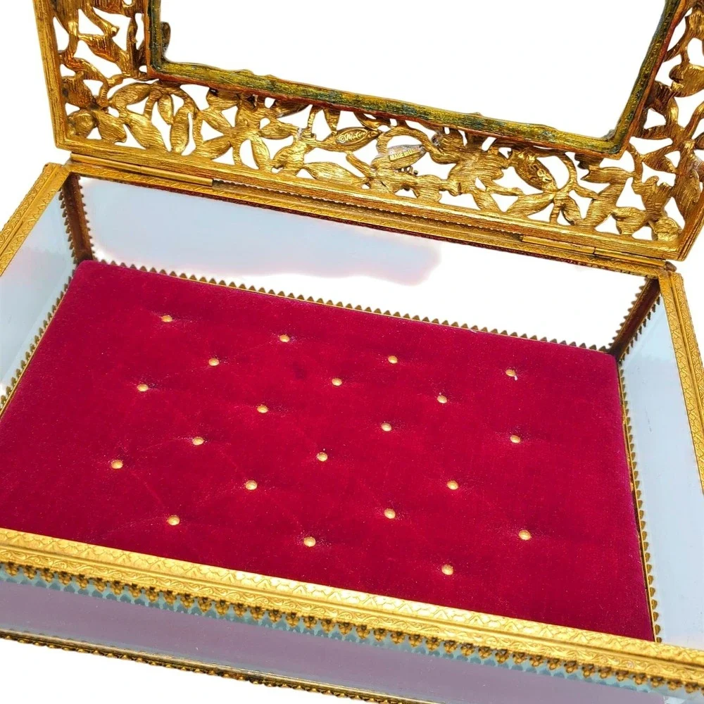 Matson Ormolu Jewelry Dogwood Casket Box Dresser Vanity Case Gilt Footed Trinket
